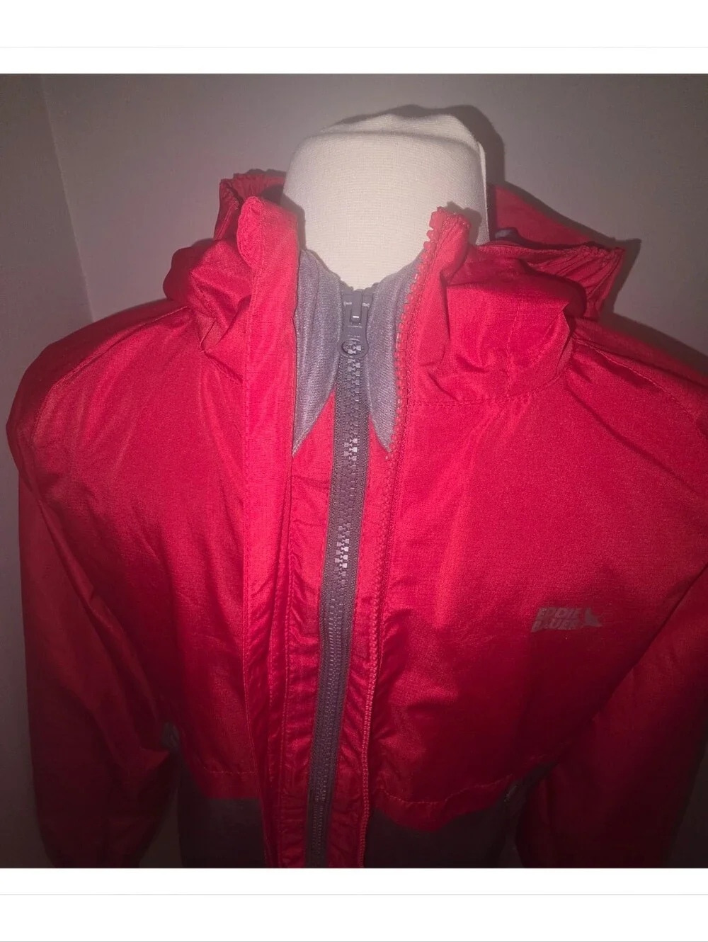 Eddie Bauer Kids Hooded Jacket Red Gray Dual Zip Water‑Resistant L 14/16